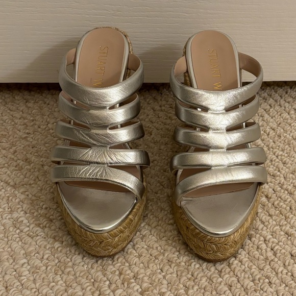 Stuart Weitzman Lilyana Espadrille Wedge Sandal Silver Metallic Heel - Picture 10 of 16